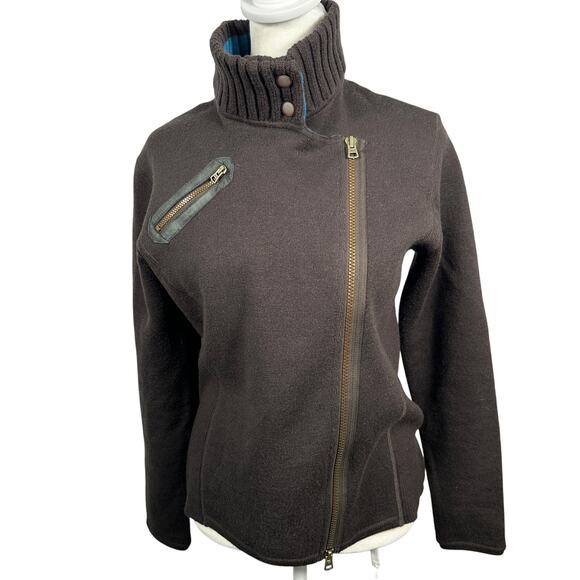 Title Nine Wool Blend Moto Knit Sweater XS Brown Teal Asymmetrical Zip Jacket - Picture 2 of 14